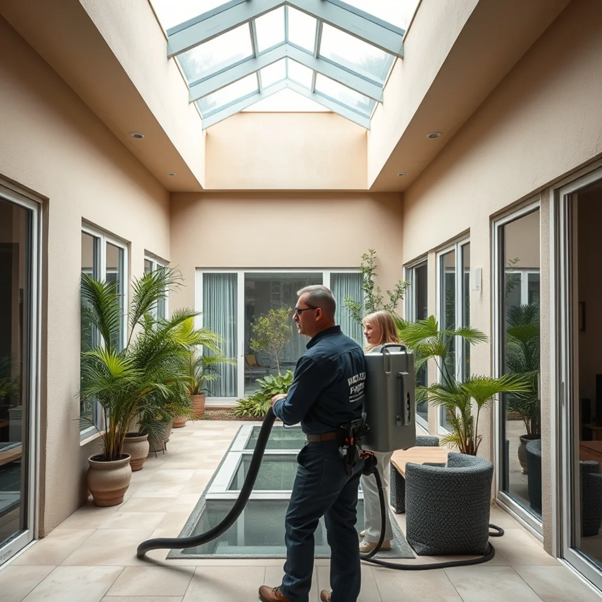 Water damage restoration crew at a Lake Forest, CA home with an atrium courtyard