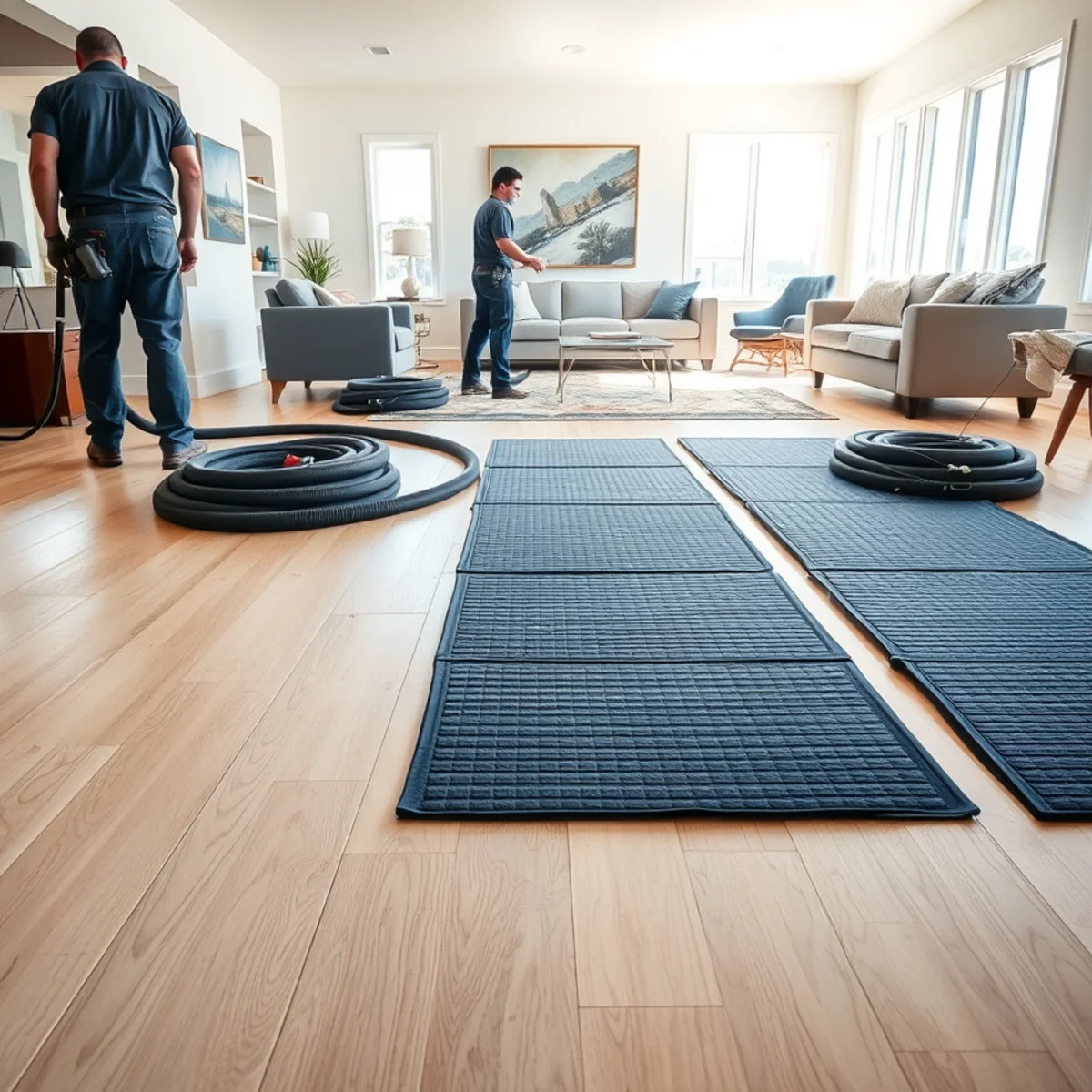 Floor drying mats saving wide-plank hardwood in a Newport Beach, CA home