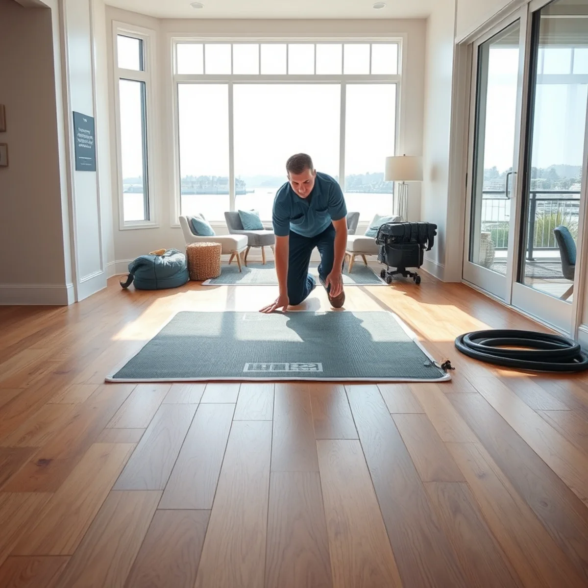 Water damage restoration specialist drying a hardwood floor in a Newport Beach, CA home