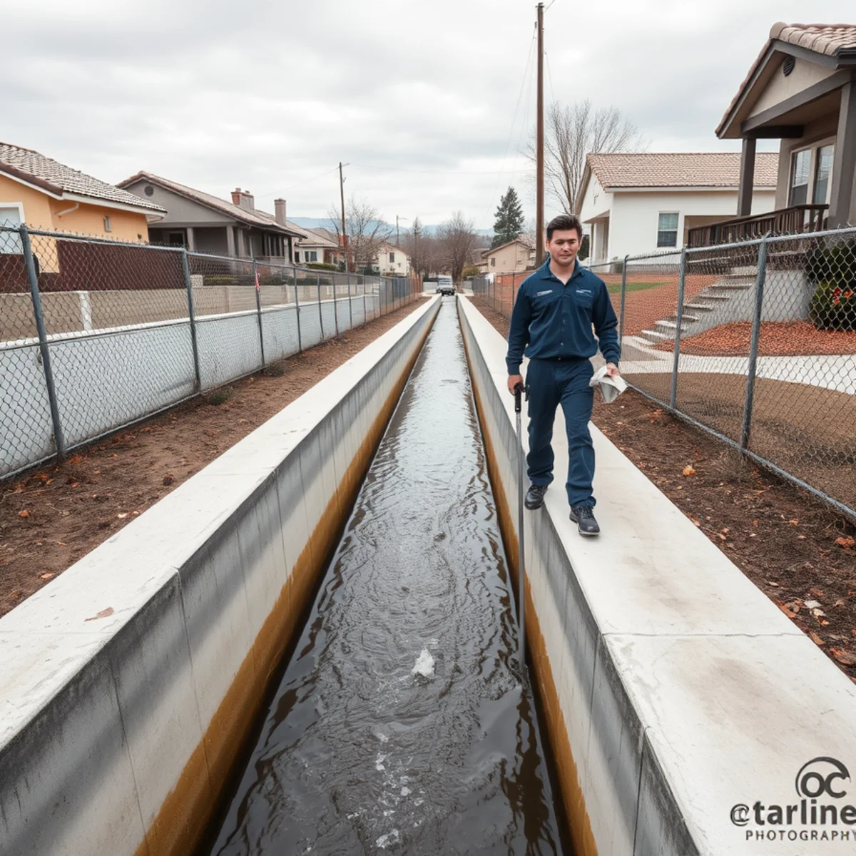 Concrete flood control channel carrying stormwater through central Orange County, CA