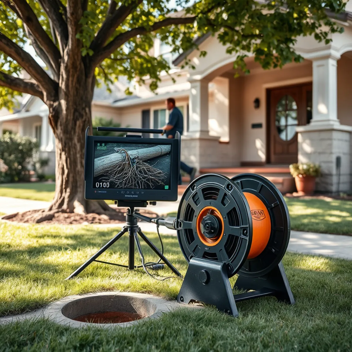 Camera inspection revealing root intrusion in a clay sewer lateral in Old Towne Orange, CA