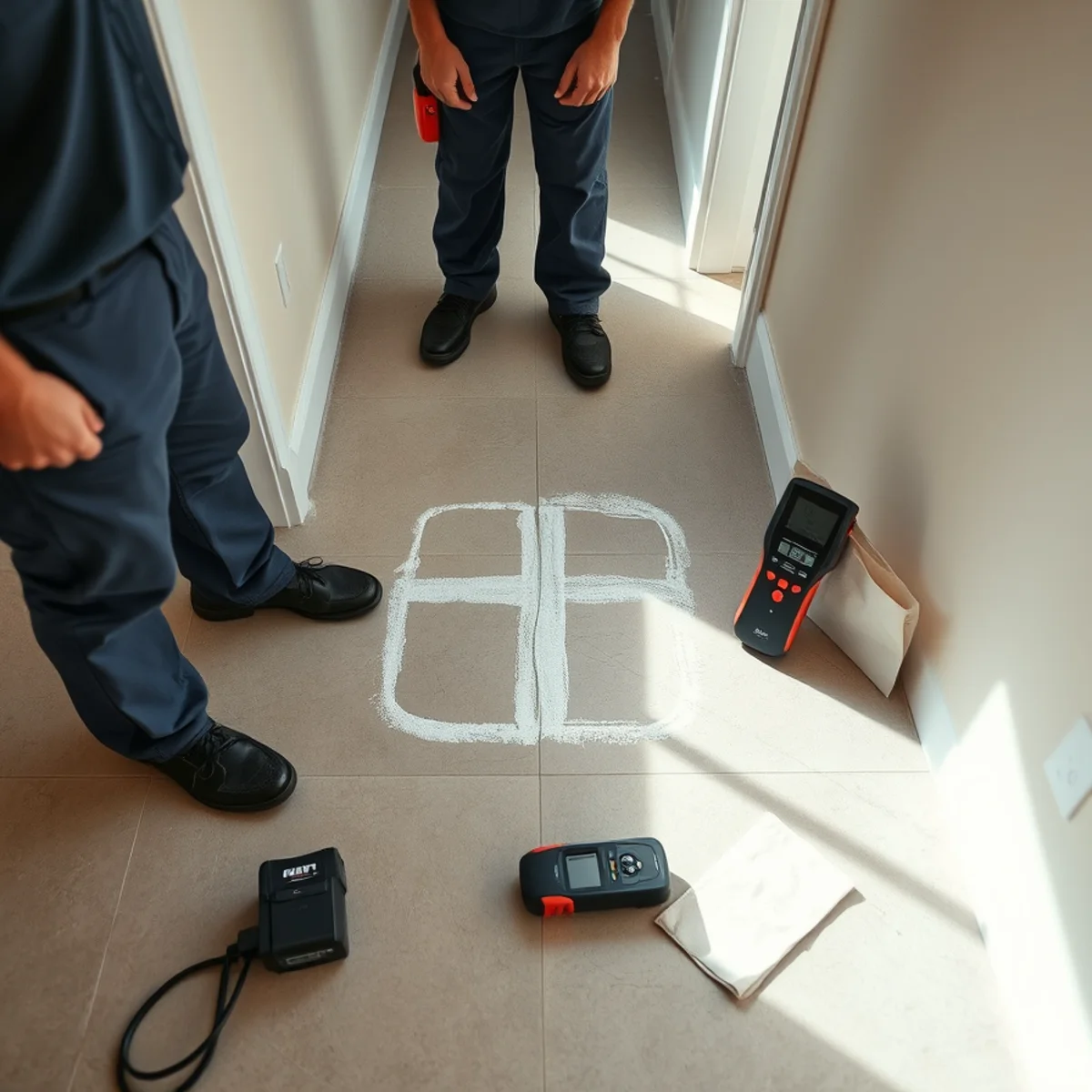 Marked slab leak location in the hallway of a 1960s Placentia, CA tract home