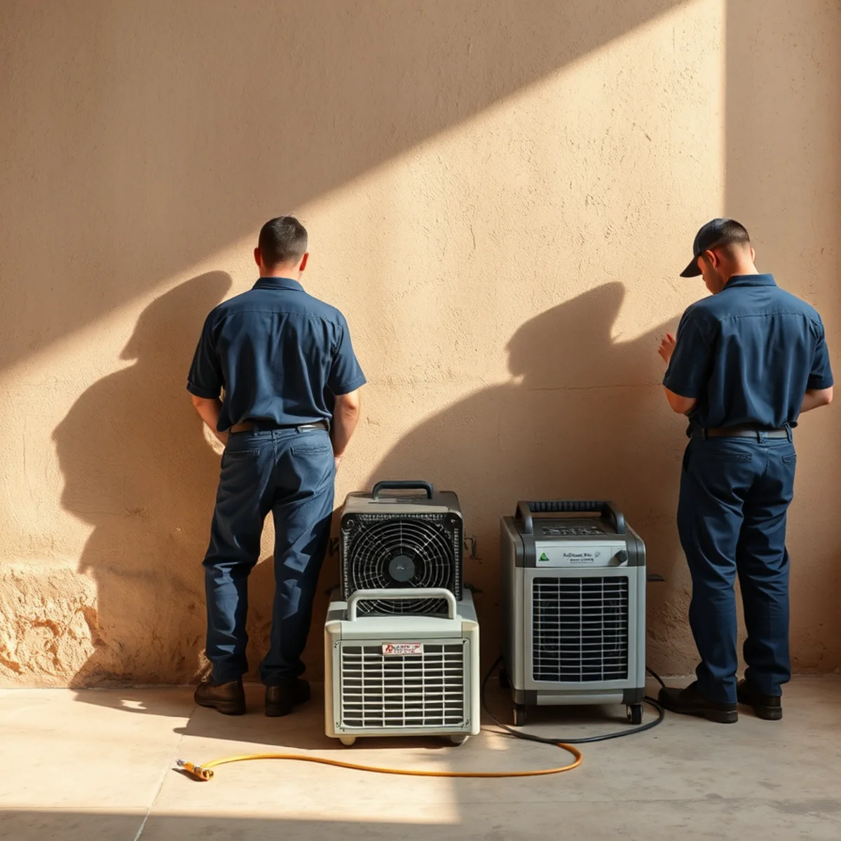Careful low-intensity drying beside a historic adobe wall in San Juan Capistrano, CA