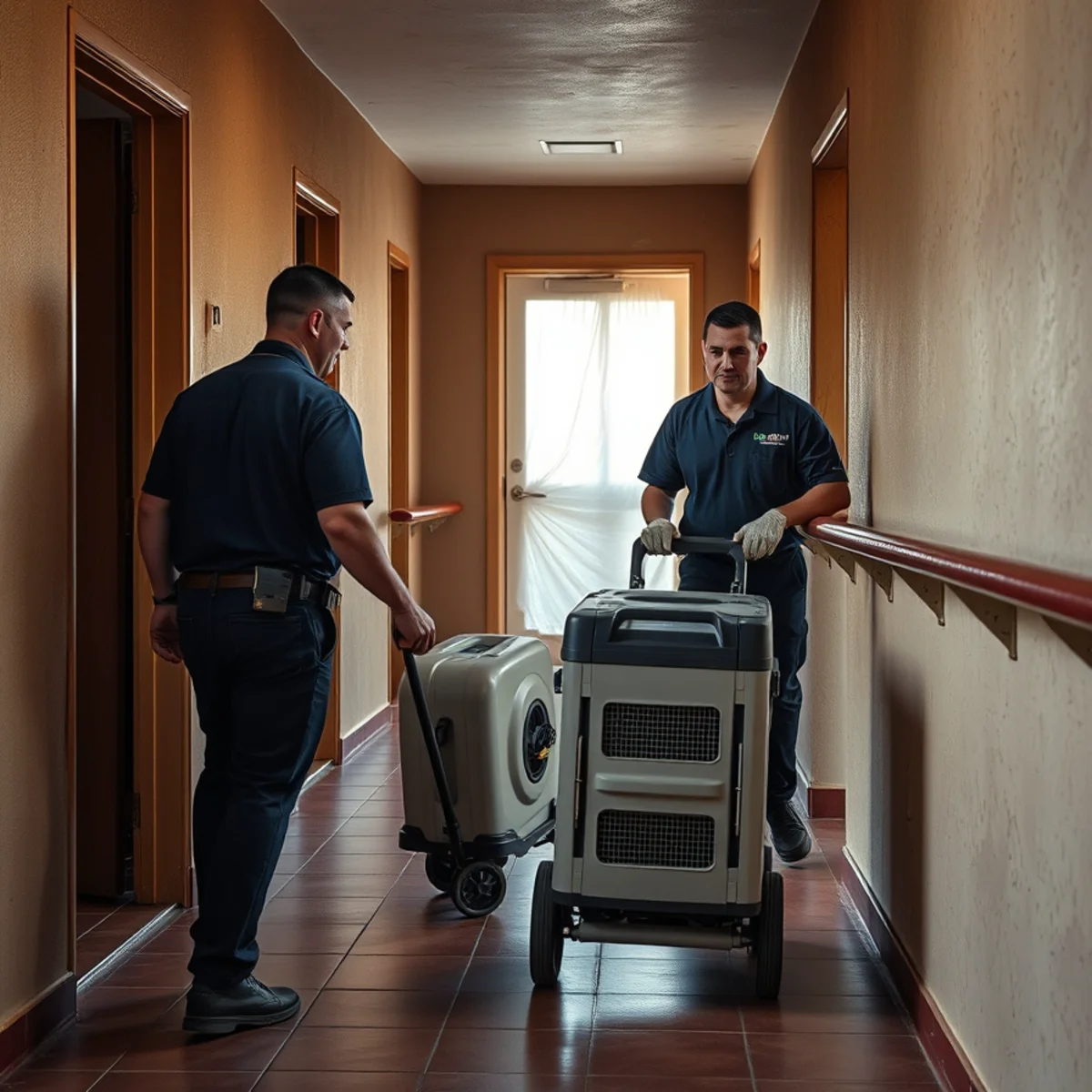 Water damage restoration technician working in a Santa Ana, CA apartment building