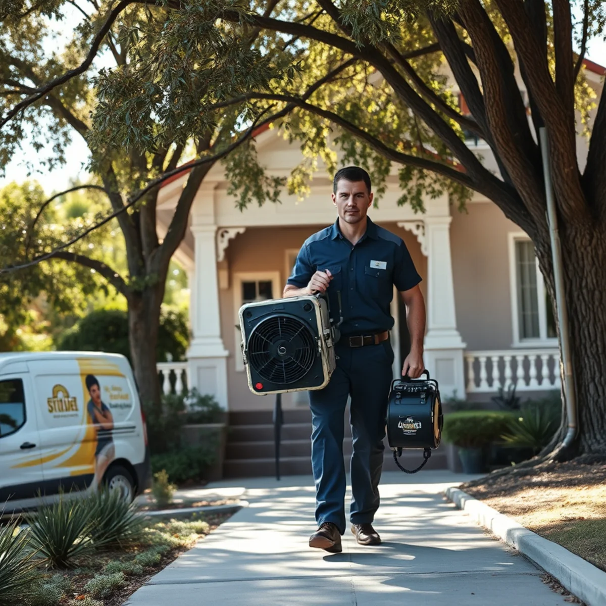 Water damage restoration crew working at a home in Tustin, CA