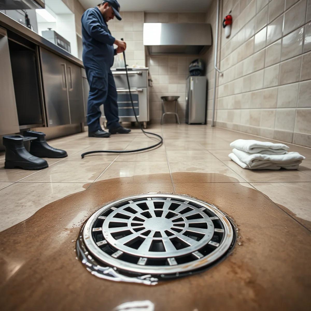 Grease-blocked floor drain backup in a Westminster, CA commercial kitchen
