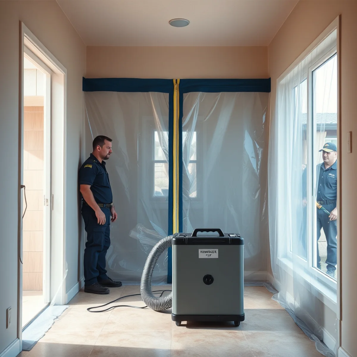 Poly containment and negative air machine set up for Category 3 sewage cleanup in Irvine, CA