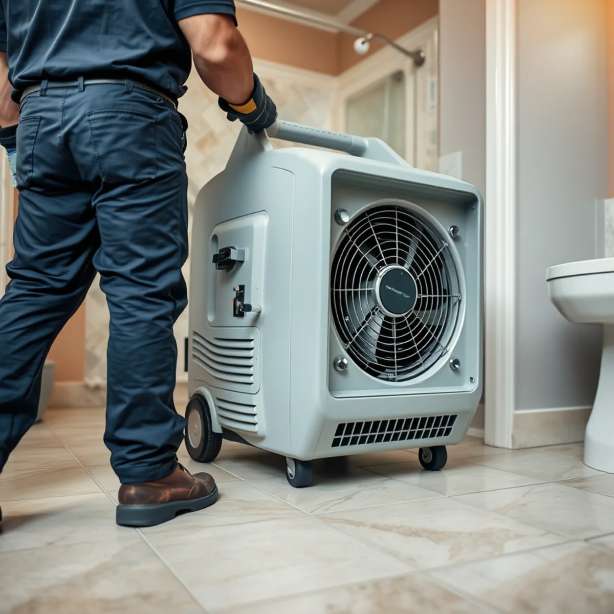 HEPA air scrubber running during sewage cleanup in an Orange County home