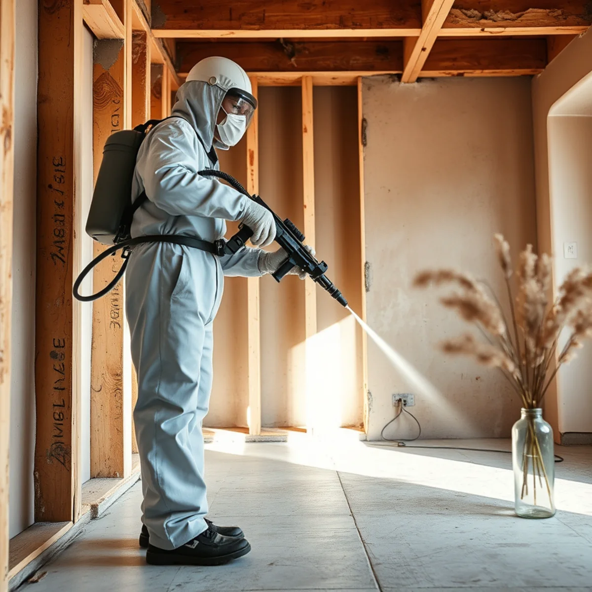 Applying antimicrobial treatment to exposed framing after sewage removal in Irvine, CA