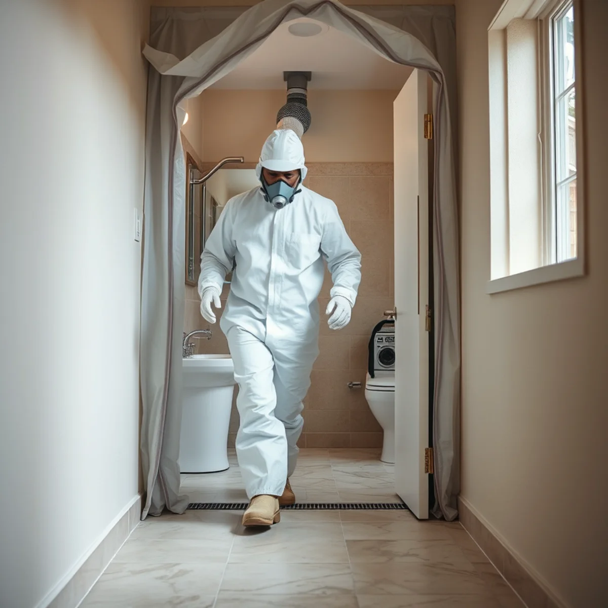 Technician in protective equipment setting containment for sewage backup cleanup in an Irvine, CA home