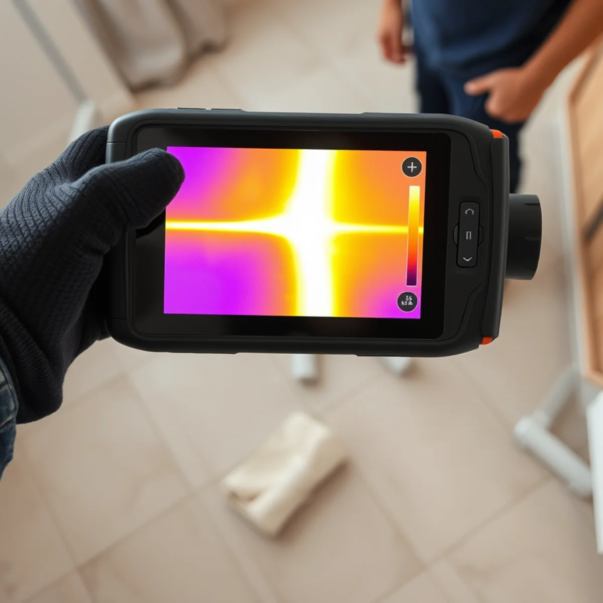 Thermal image of a hot water slab leak beneath tile flooring in an Irvine, CA home