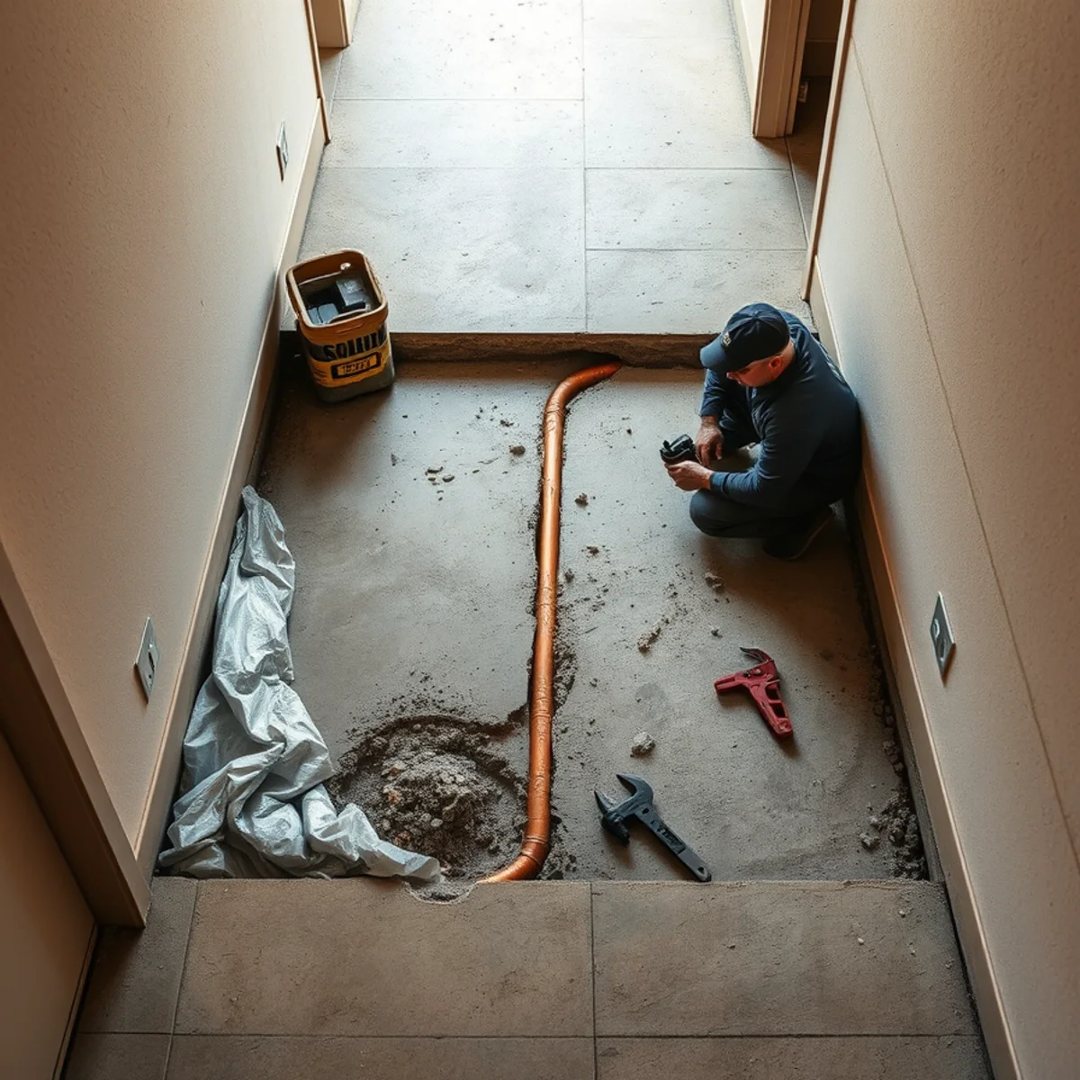 Concrete slab opened at the marked point to repair a leaking copper line in Irvine, CA