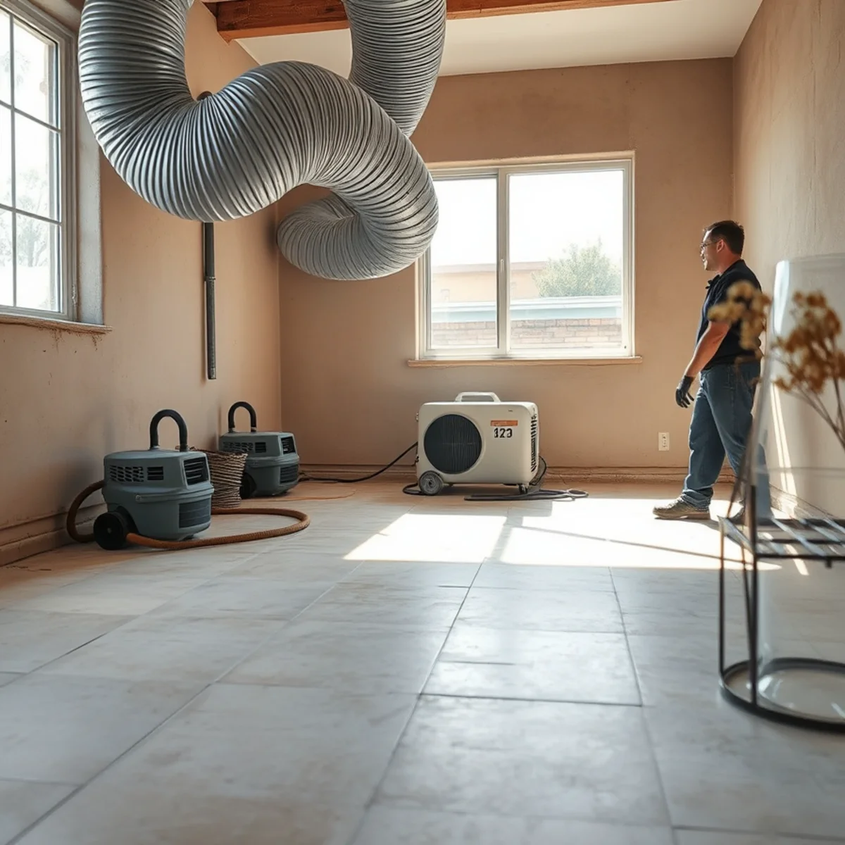 Desiccant drying a concrete slab after slab leak repair in an Irvine, CA home