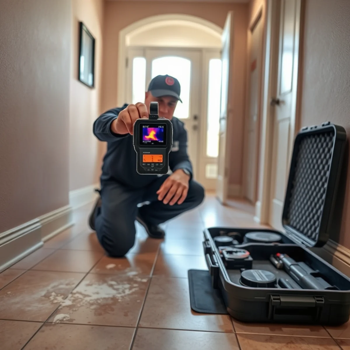 Thermal imaging showing a hot water slab leak under the tile floor of an Irvine, CA home
