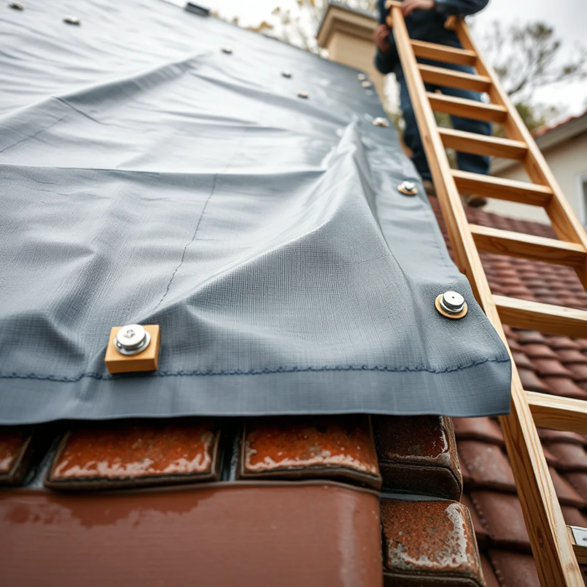 Emergency roof tarp battened down over damaged concrete tile in Irvine, CA