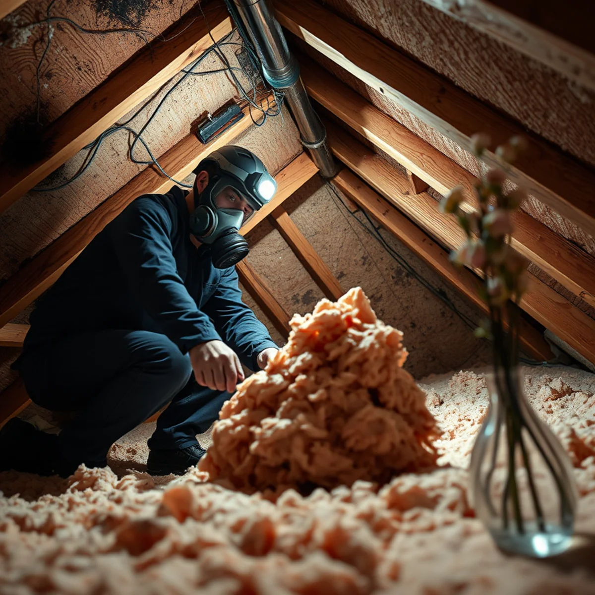 Water damaged attic insulation being removed after a roof leak in Irvine, CA
