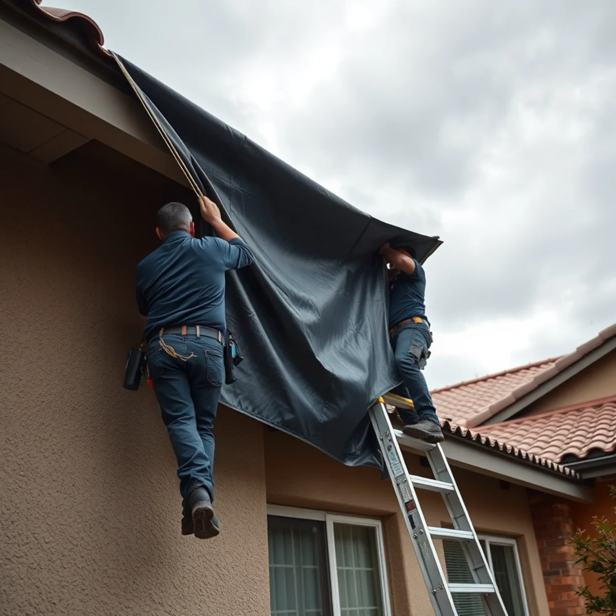 Emergency roof tarping on an Irvine, CA home after winter storm damage