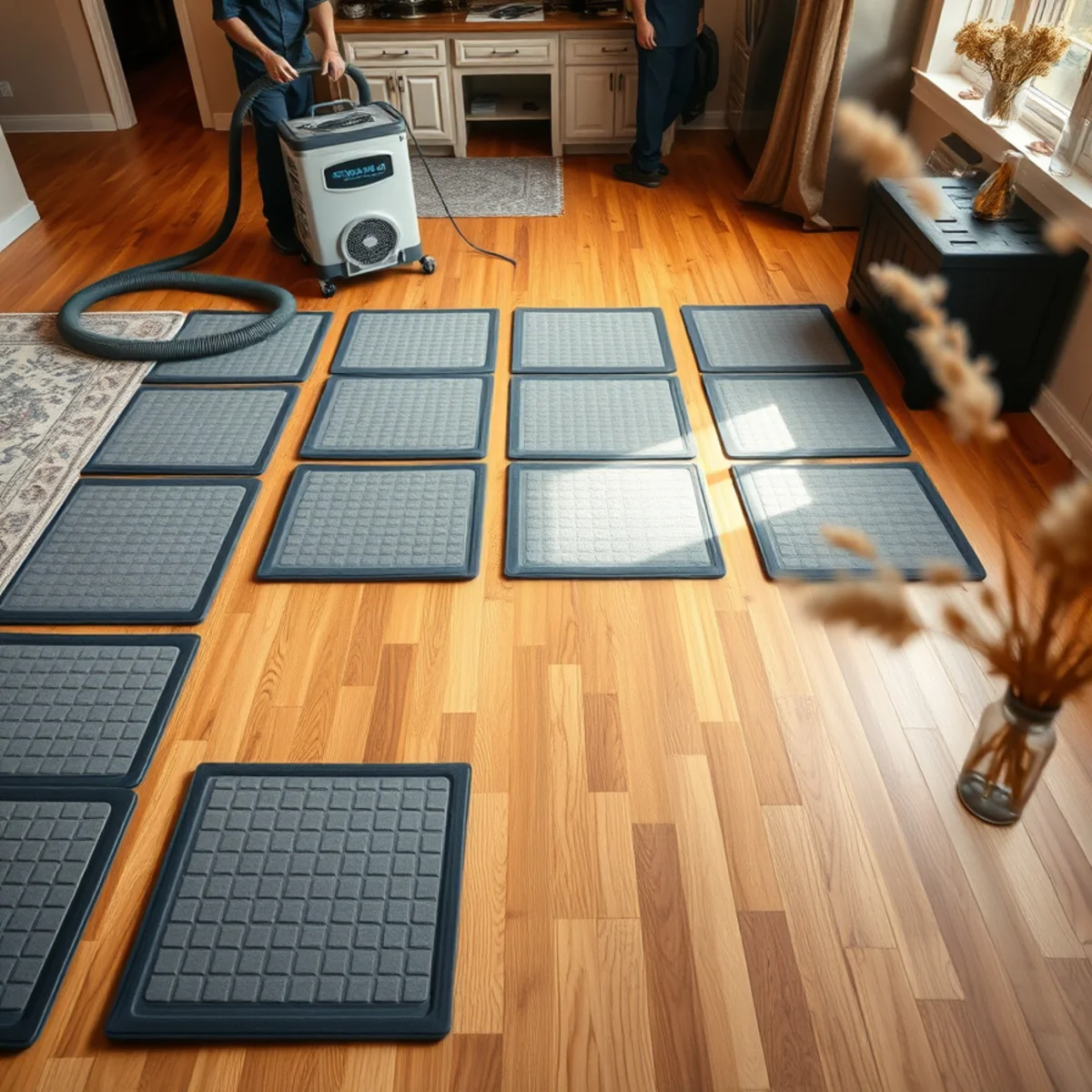 Floor drying mats pulling moisture up through engineered hardwood in an Irvine, CA home