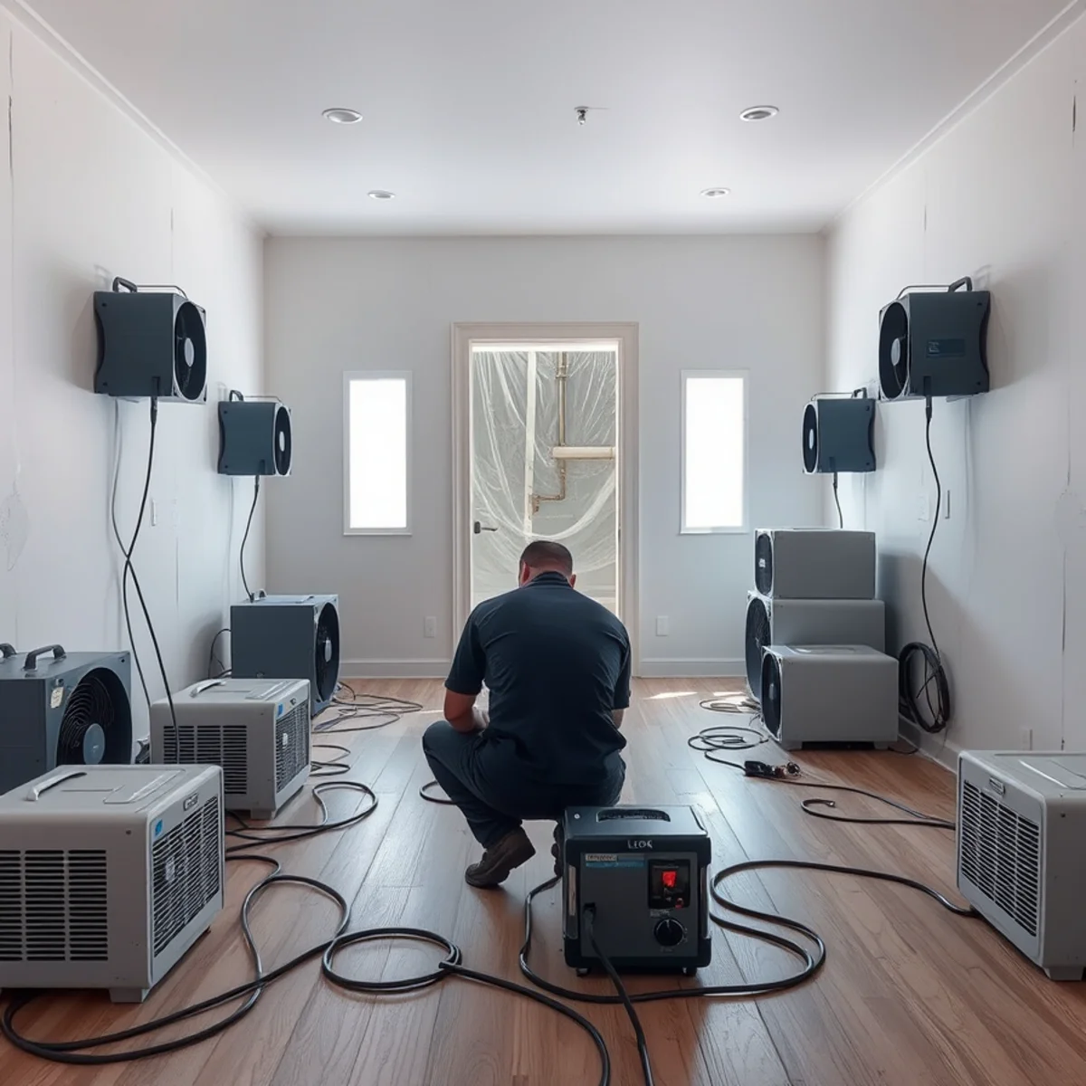 Commercial air movers and dehumidifiers drying a water-damaged wall in an Irvine, CA home