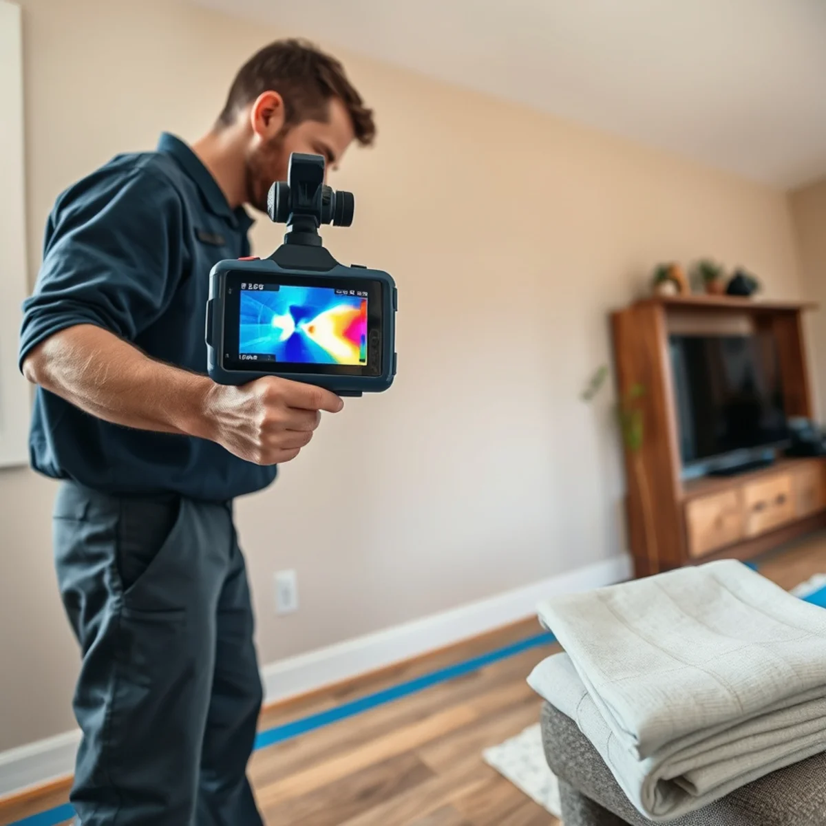 Technician using a thermal imaging camera to map hidden water behind a wall in an Irvine, CA home