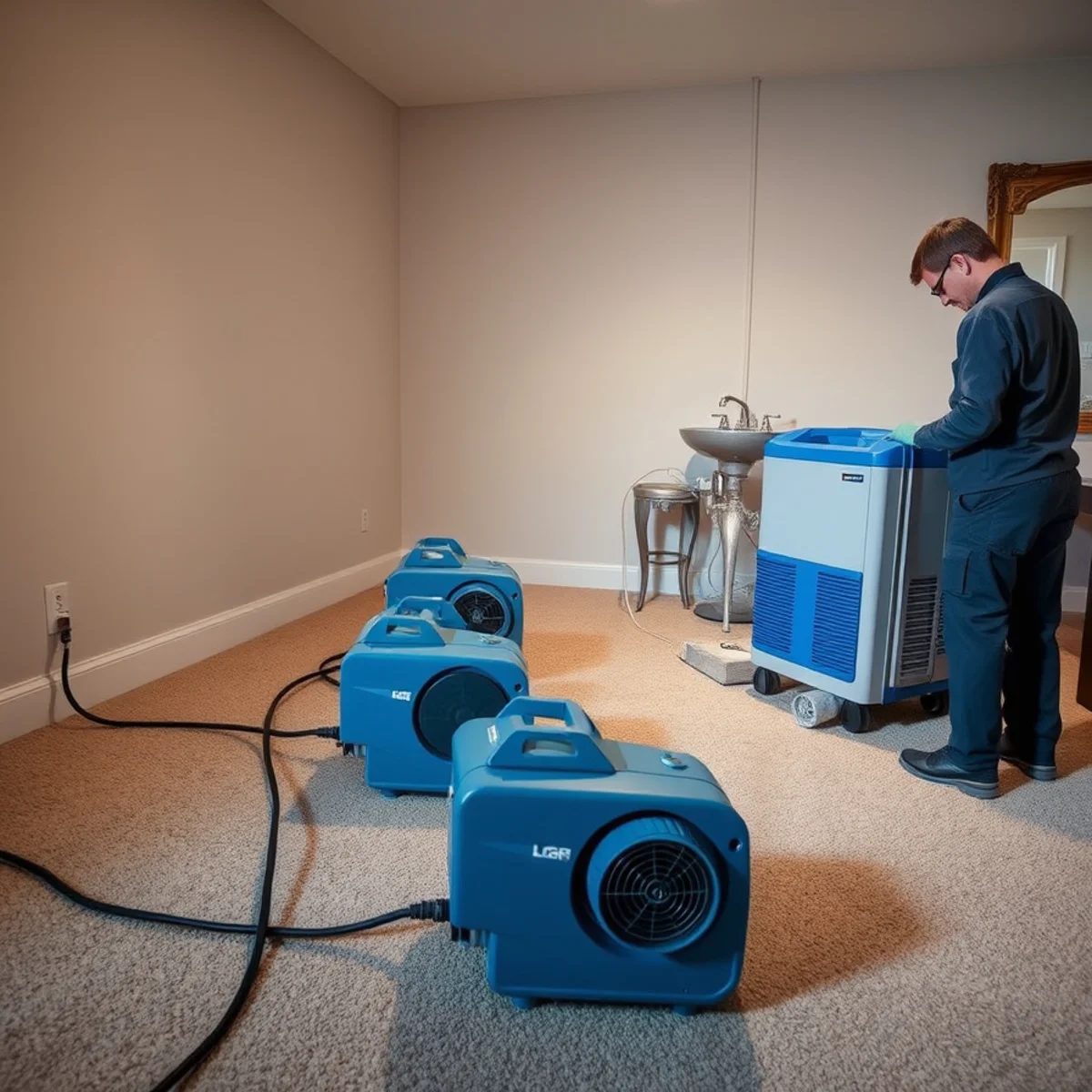 Commercial air movers and an LGR dehumidifier drying a water damaged Irvine, CA living room