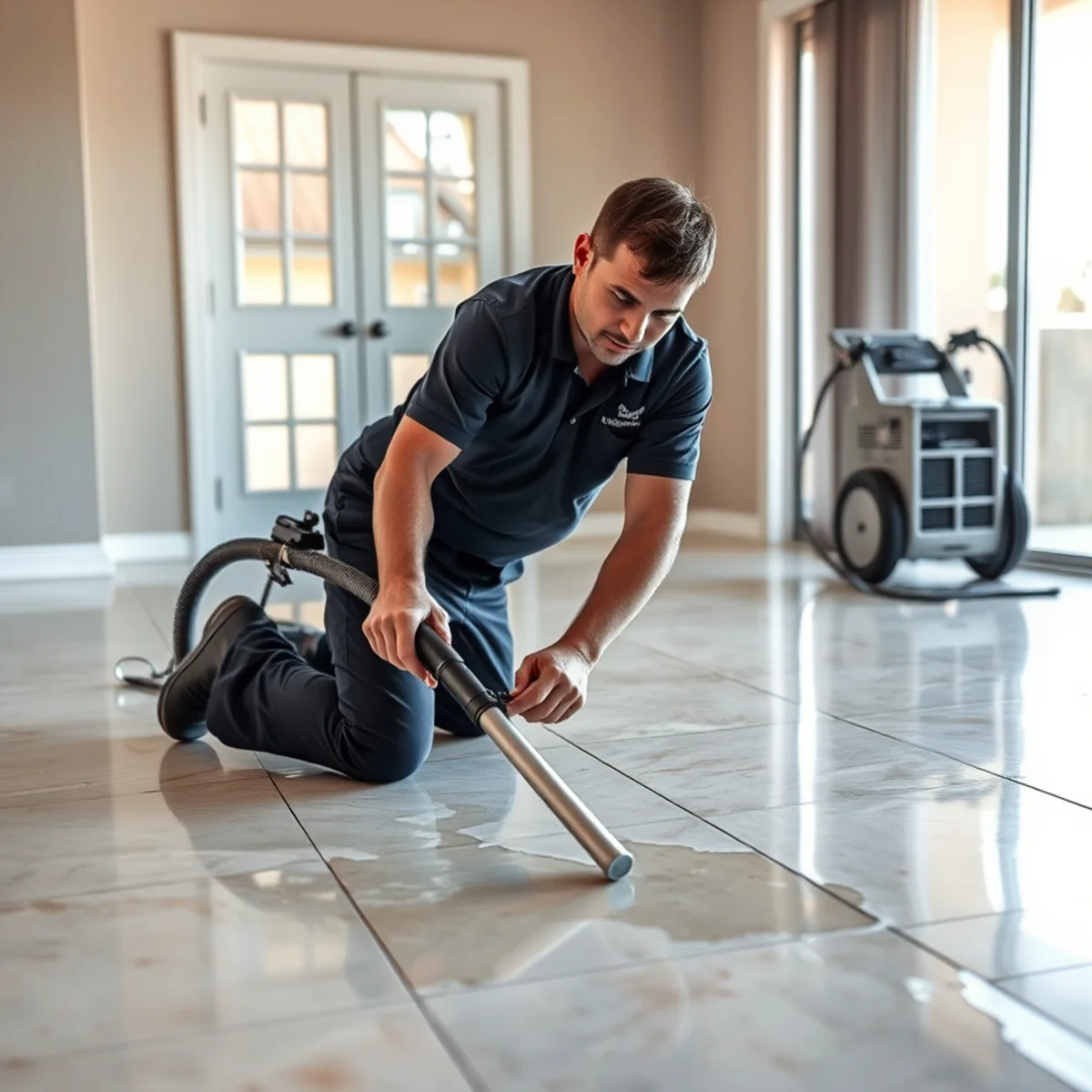 IICRC-certified restoration technician extracting water from a flooded Irvine, CA living room