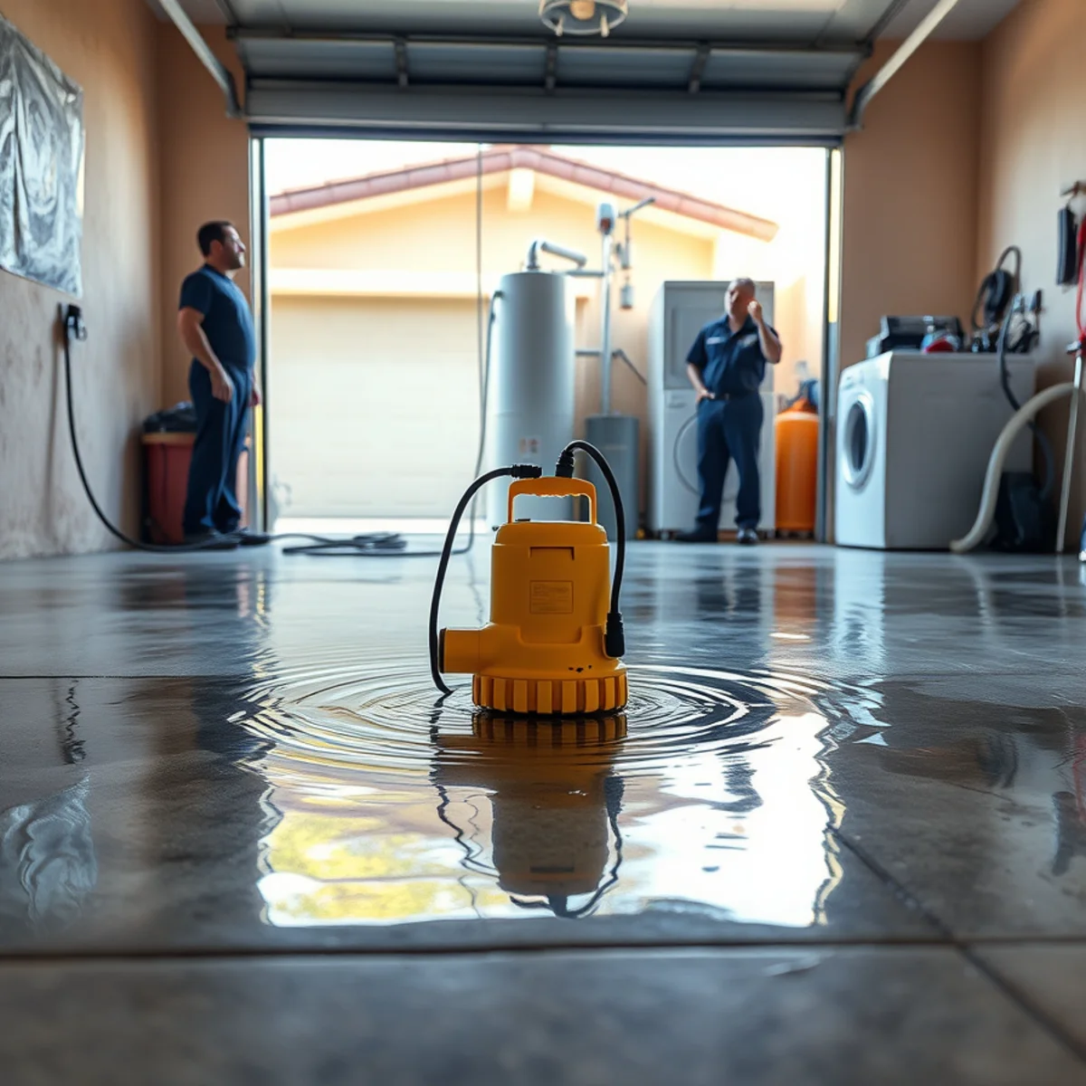 Submersible pump removing deep standing water from a flooded Irvine, CA garage