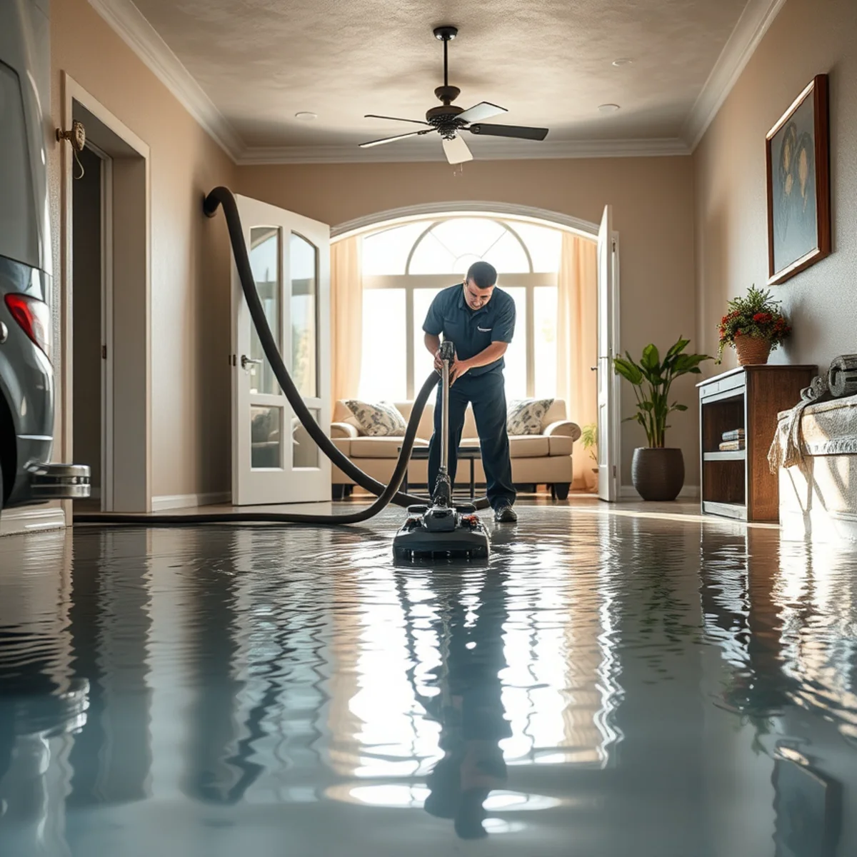 Truck-mounted water extraction unit removing standing water from an Irvine, CA home