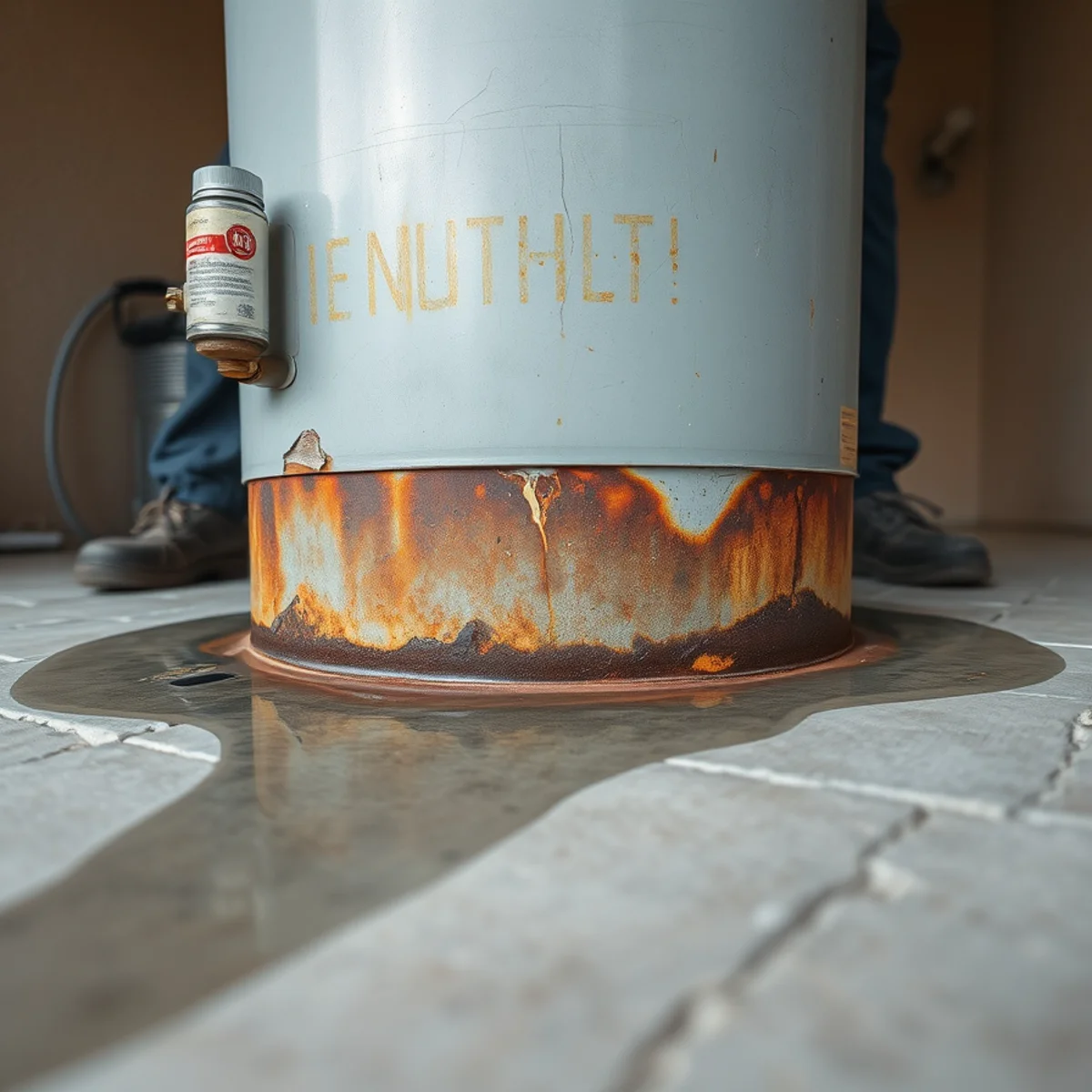 Corroded base of a failed water heater on a garage slab in Irvine, CA
