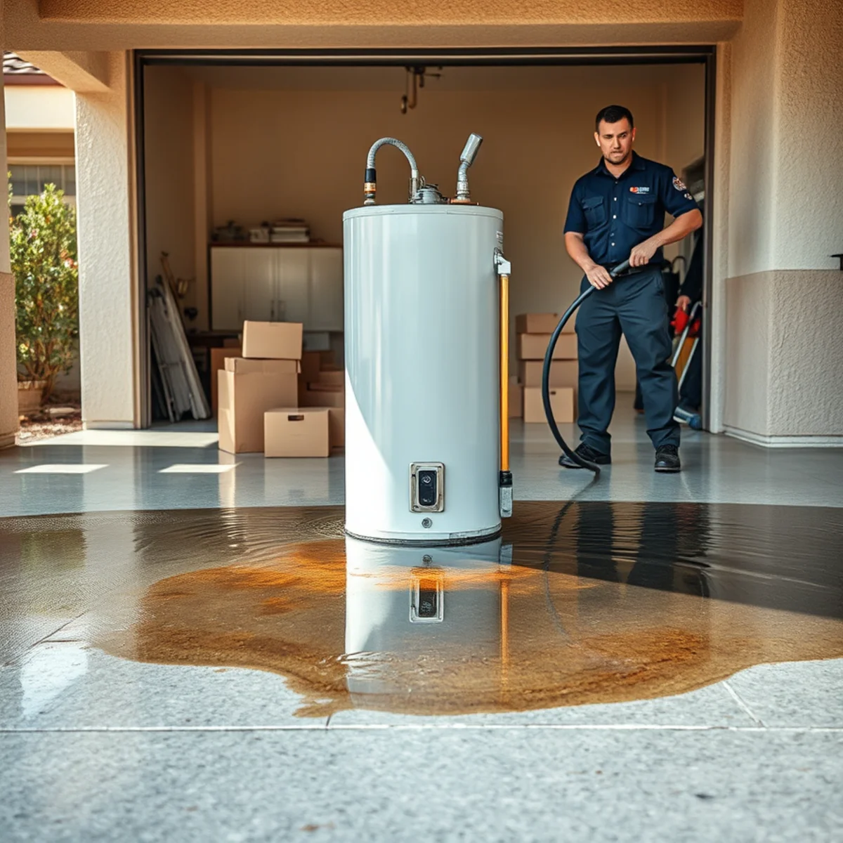 Failed water heater flooding a garage floor in an Irvine, CA home